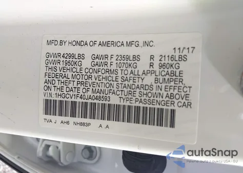 2018 Honda Accord Ex z USA, uszkodzony, nr VIN 1HGCV1F40JA048593